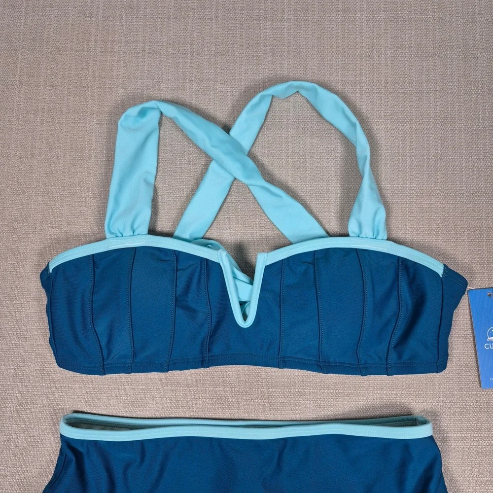 Cupshe Womens High Waisted Bikini Set Teal Blue Sweetheart Neck Size S‎ NWT
